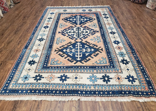 Turkish Kazak Rug 5x8 ft, Bold Geometric Bohemian Carpet, Blue and Ivory Hand Knotted Area Rug, Medium Sized High Quality Wool Oriental Rug - Nuvé