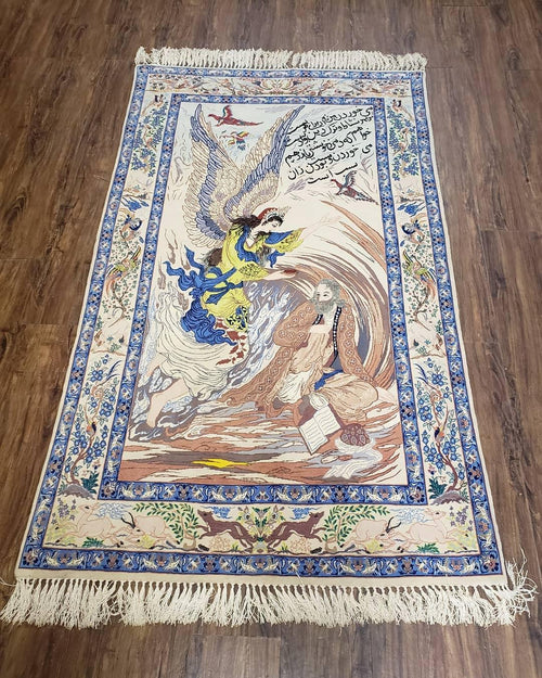 Semi Antique Persian Pictorial Rug 3'6" x 6", Angel Speaking to Prophet, Kork Wool on Silk Foundation, Detailed, Animals, Poetry, Wall Hanging Rug - Nuvé
