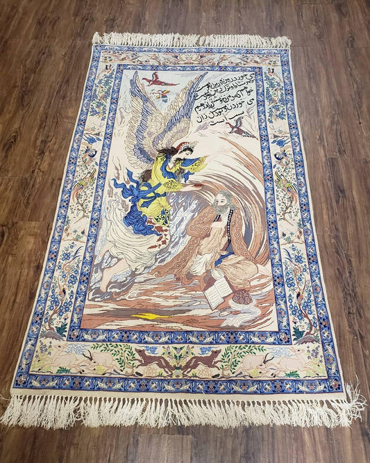 Semi Antique Persian Pictorial Rug 3'6" x 6", Angel Speaking to Prophet, Kork Wool on Silk Foundation, Detailed, Animals, Poetry, Wall Hanging Rug - Nuvé