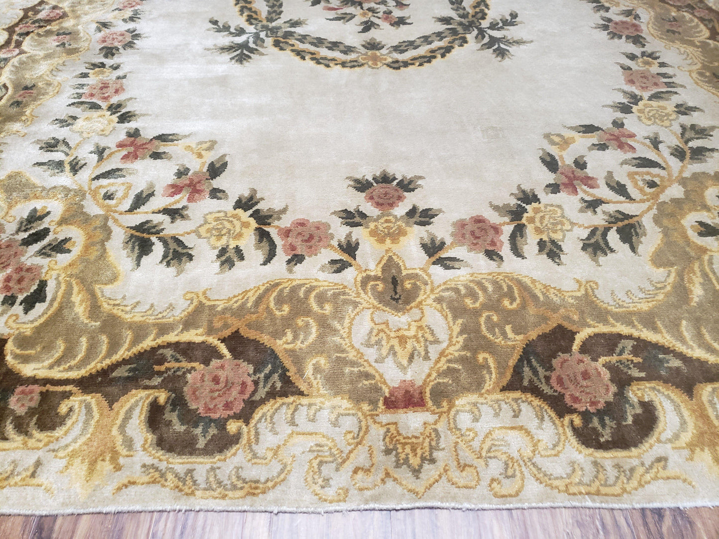 Aubusson Rug 10x14, Elegant French European Design, Vintage Handmade Carpet with Pile, Beige Floral Dining Room Rug, Living Room, Soft Wool - Nuvé