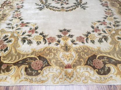 Aubusson Rug 10x14, Elegant French European Design, Vintage Handmade Carpet with Pile, Beige Floral Dining Room Rug, Living Room, Soft Wool - Nuvé