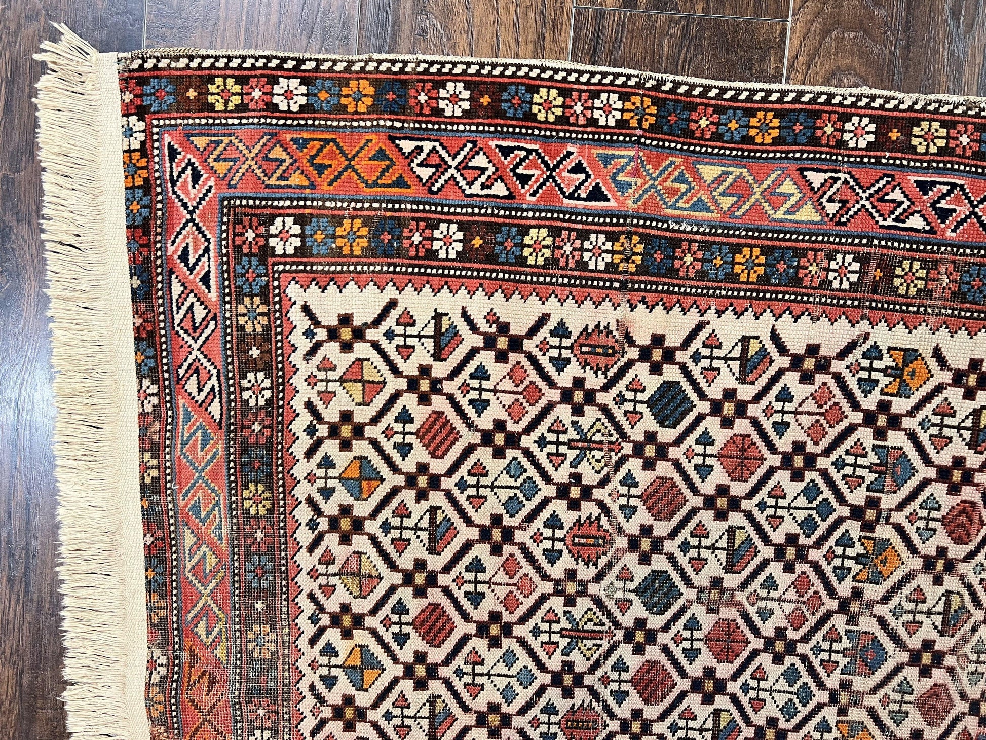 Antique Caucasian Rug 4x5, Hand Knotted Handmade Shirvan Oriental Carpet, Ivory Red Rug Allover Pattern, Rare Wool Rug, Tribal Geometric Rug - Nuvé