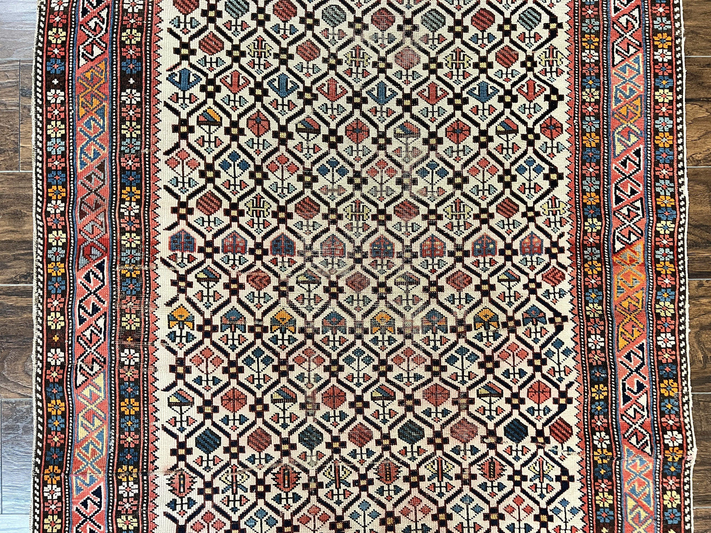 Antique Caucasian Rug 4x5, Hand Knotted Handmade Shirvan Oriental Carpet, Ivory Red Rug Allover Pattern, Rare Wool Rug, Tribal Geometric Rug - Nuvé