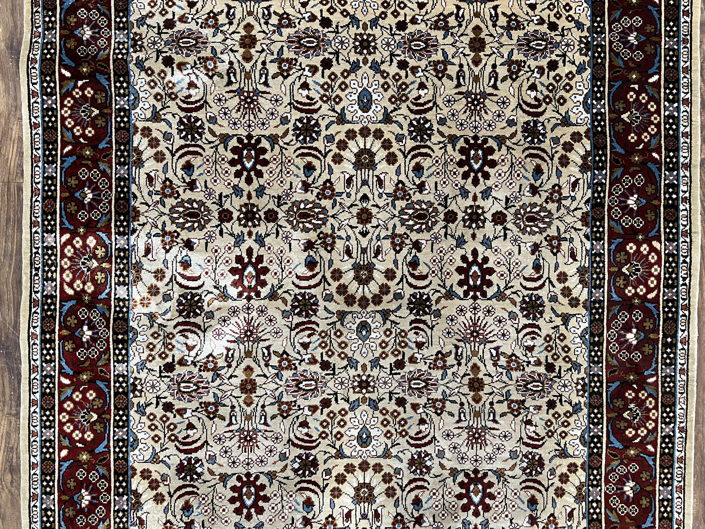 Fine Sino-Persian Silk Rug 3x5, High Quality Silk Carpet, Handmade Small Silk Rug, Allover Repeated Motif, Tan Maroon Blue Vintage Silk Rug - Nuvé