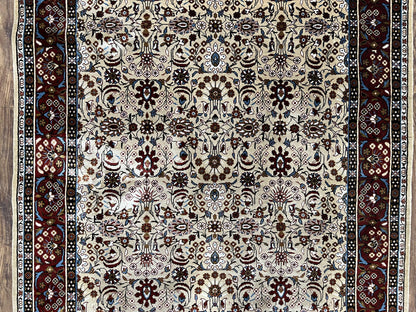 Fine Sino-Persian Silk Rug 3x5, High Quality Silk Carpet, Handmade Small Silk Rug, Allover Repeated Motif, Tan Maroon Blue Vintage Silk Rug - Nuvé