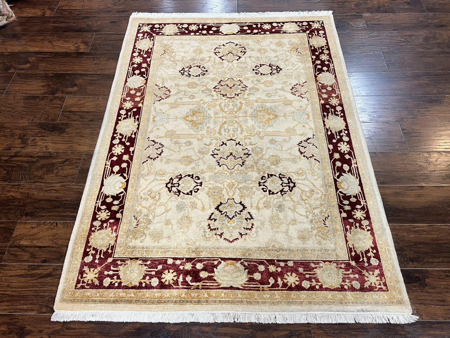 Peshawar Rug 5x7, Beige and Maroon, Vintage Handmade Wool Traditional Carpet 5 x 7 ft, Pakistani Rug, Agra Pattern, Very Fine 260 KPSI - Nuvé