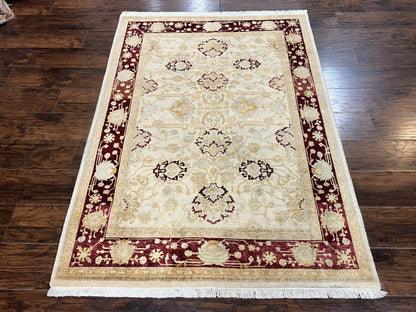Peshawar Rug 5x7, Beige and Maroon, Vintage Handmade Wool Traditional Carpet 5 x 7 ft, Pakistani Rug, Agra Pattern, Very Fine 260 KPSI - Nuvé
