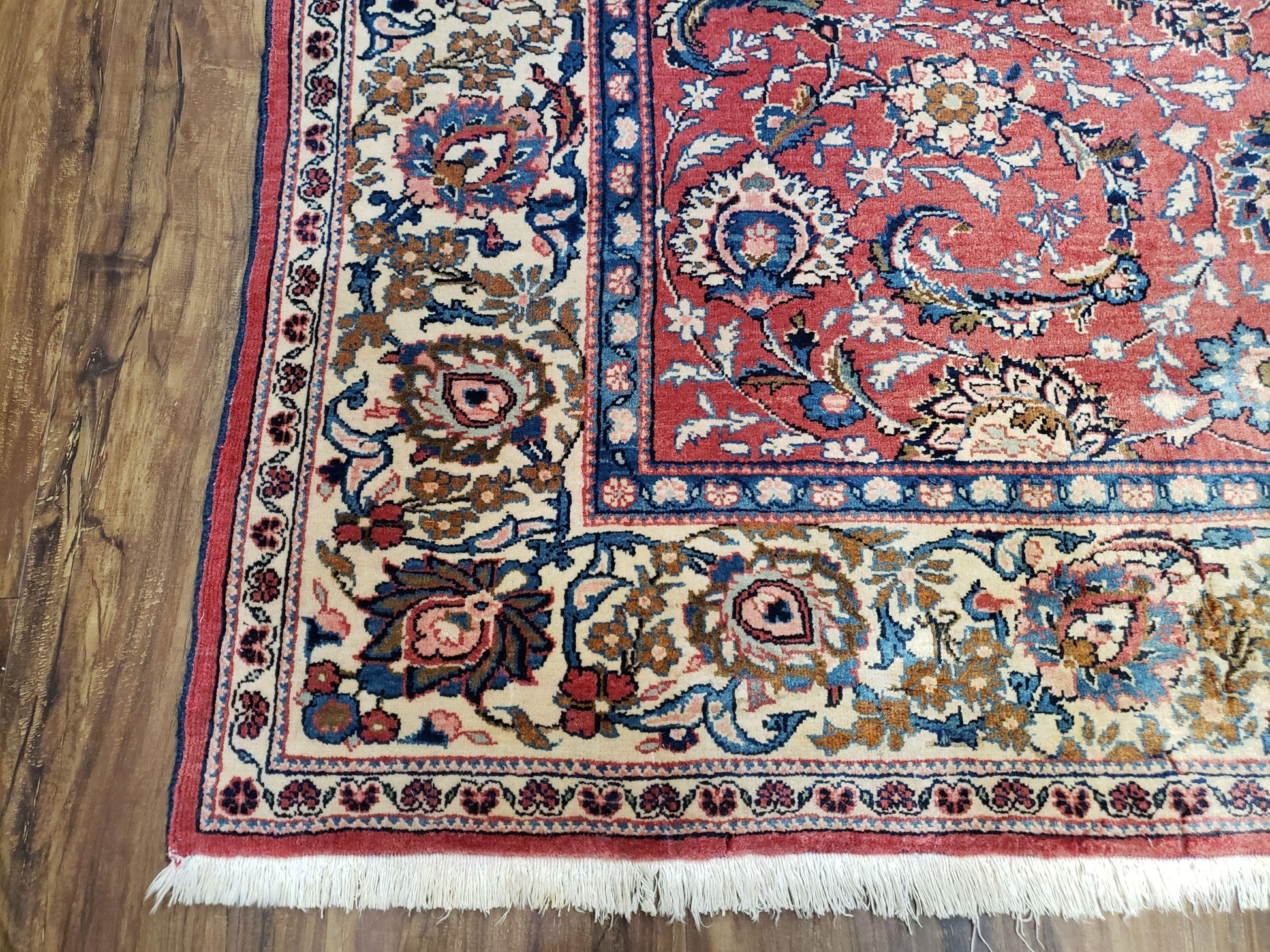 Semi Antique Persian Kashan Rug, Red & Beige, Hand-Knotted, Wool, 4'7" x 6' 6", Pair B - Nuvé