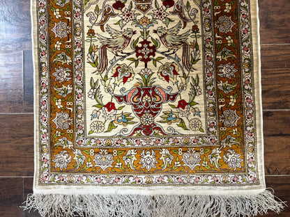 Silk Turkish Hereke Rug 2x3, Birds Lantern Very Fine 400 KPSI, Signed by Masterweaver, Wonderful, Rare, Small Hereke Rug - Nuvé