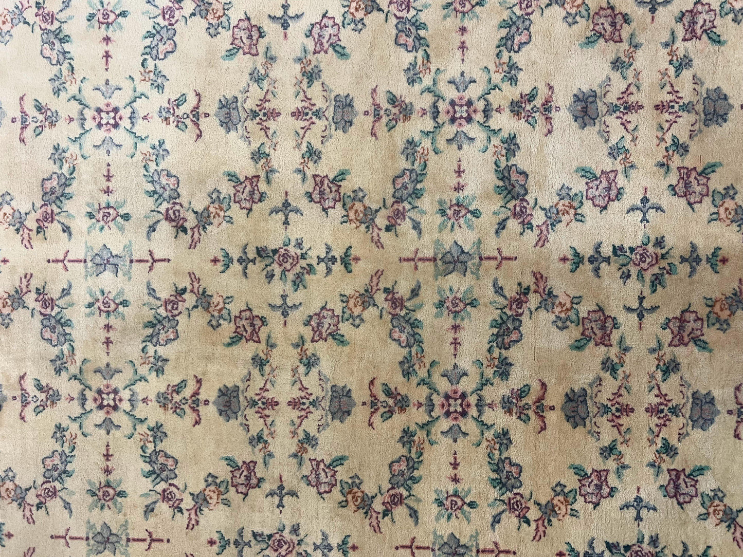 Sino Persian Rug 8x10, Floral, Oatmeal and Light Teal, Handmade Wool Vintage Carpet - Nuvé
