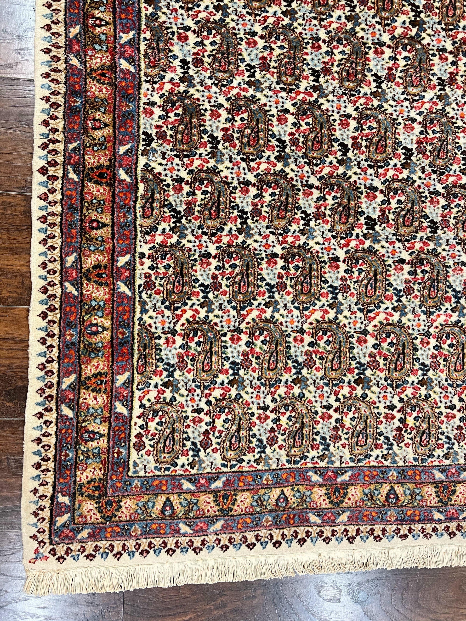Persian Rug 4x6, Mashad Kashmar Rug, Boteh Paisley Design, Allover Repeated Pattern, Ivory Hand Knotted Vintage Semi Antique Persian Oriental Carpet - Nuvé