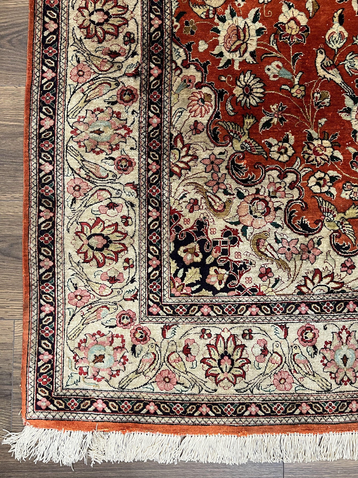 Persian Qum Silk Rug 5x7 - Floral Medallion, Birds, Orange-Red - Nuvé