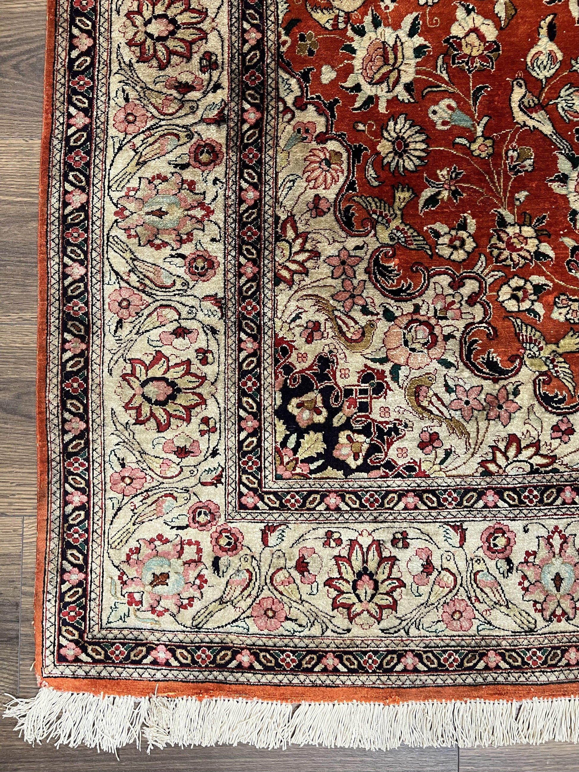 Persian Qum Silk Rug 5x7 - Floral Medallion, Birds, Orange-Red - Nuvé