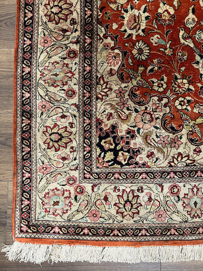 Persian Qum Silk Rug 5x7 - Floral Medallion, Birds, Orange-Red - Nuvé