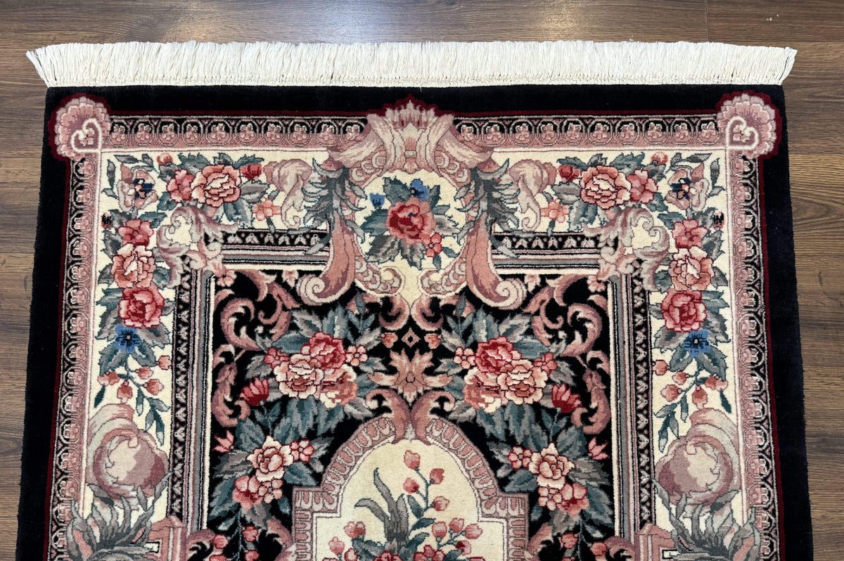 Aubusson Rug 4x6, Elegant European Floral Design, Black and Ivory, Fine 200 KPSI