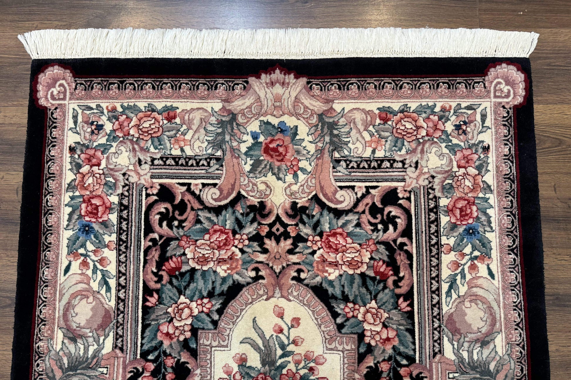 Aubusson Rug 4x6, Elegant European Floral Design, Black and Ivory, Fine 200 KPSI - Nuvé