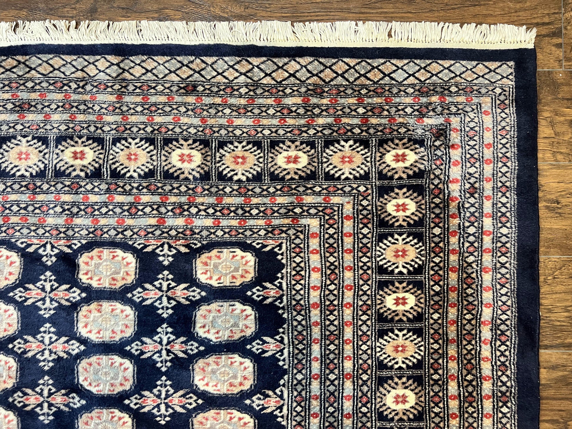 Pakistani Bokhara Rug 8x10, Turkoman Carpet, Dark Blue and Beige, Vintage Handmade Wool Carpet - Nuvé