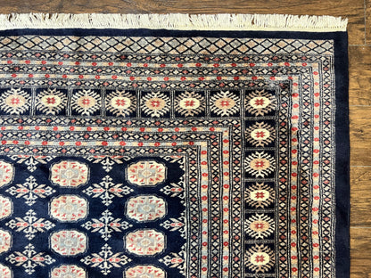 Pakistani Bokhara Rug 8x10, Turkoman Carpet, Dark Blue and Beige, Vintage Handmade Wool Carpet - Nuvé