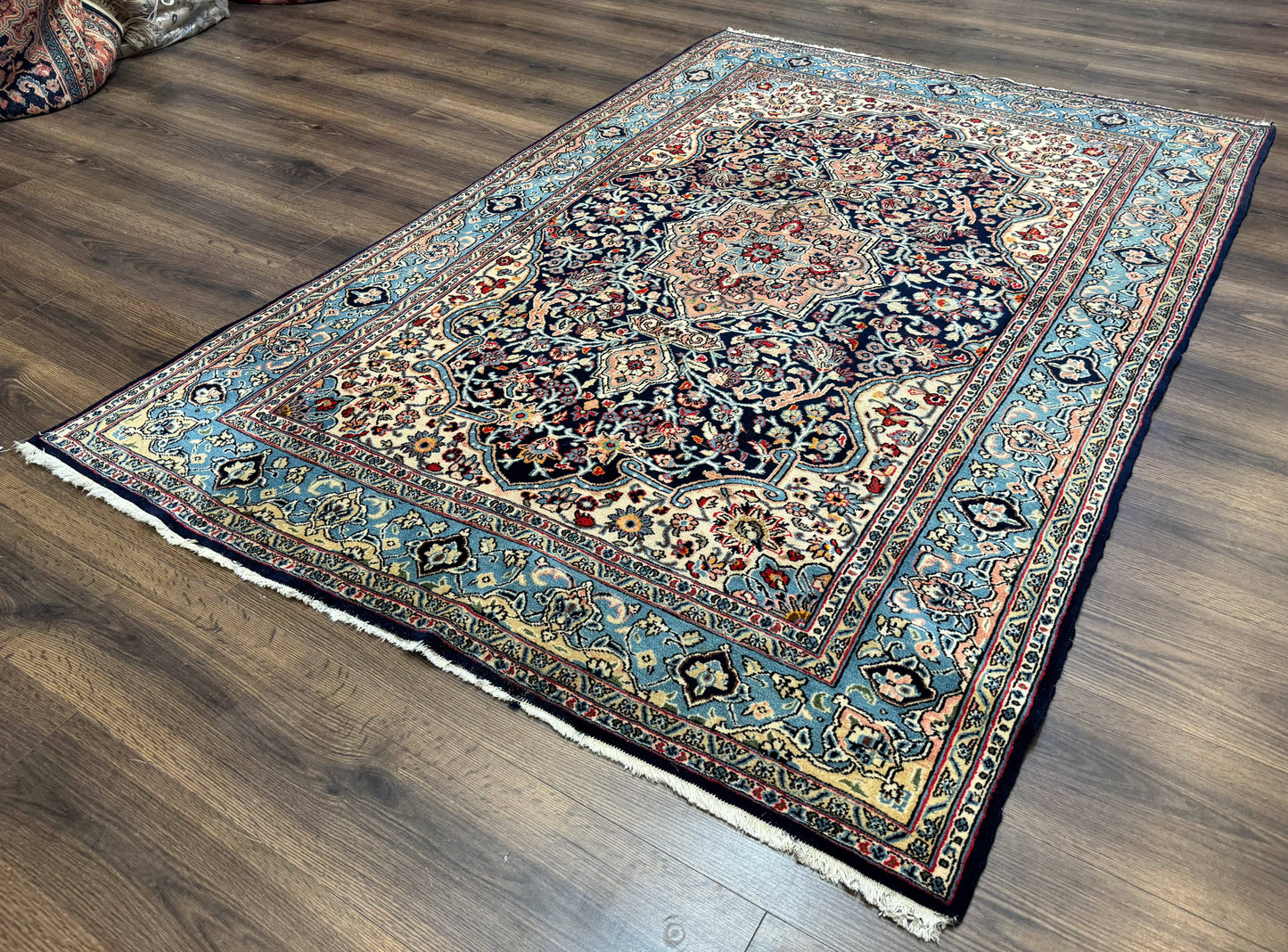 Persian Qum Rug 5x7 in Navy Light Blue and Ivory, Wool wilh Silk Highlights, 225 KPSI - Nuvé