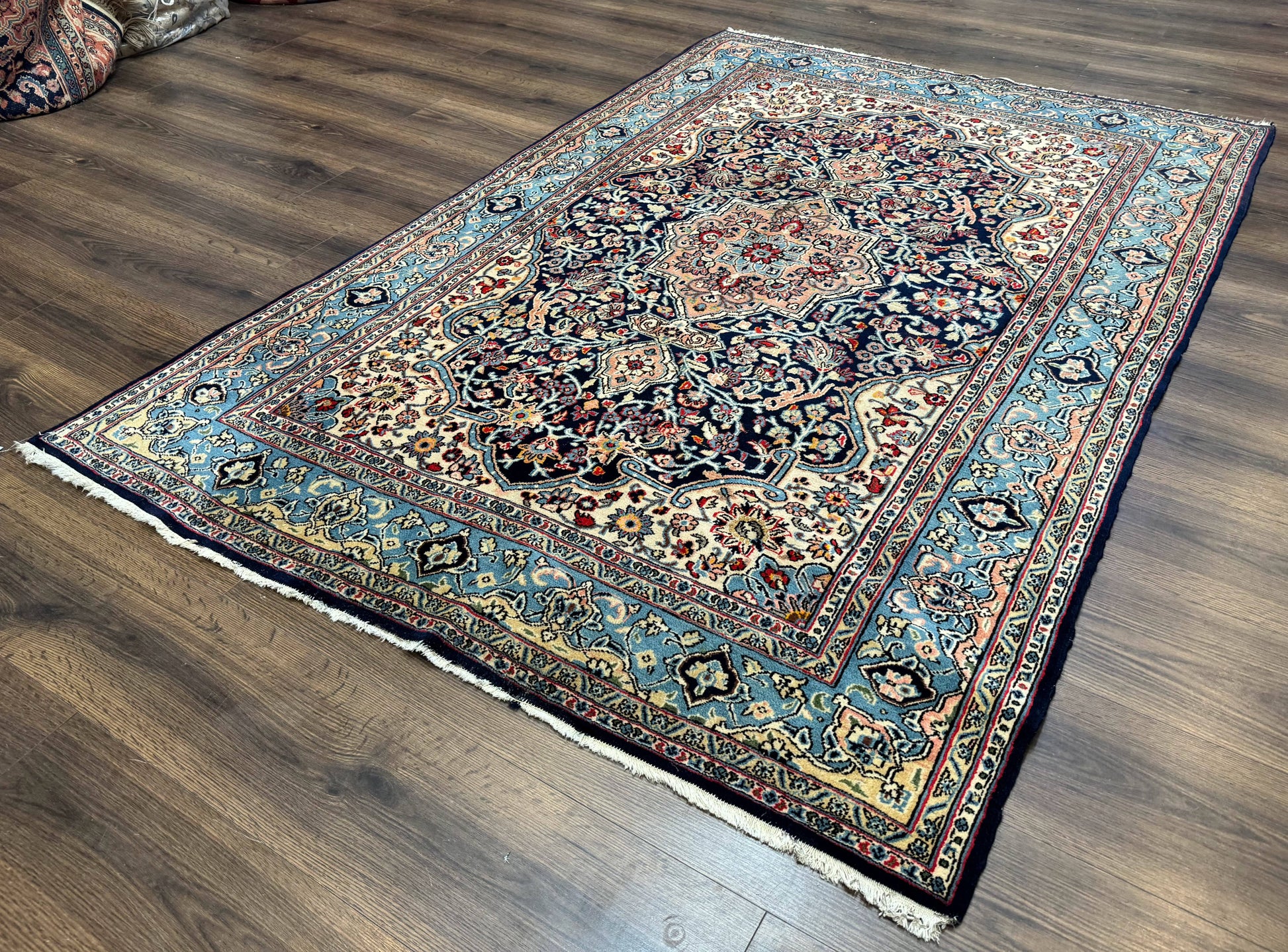 Persian Qum Rug 5x7 in Navy Light Blue and Ivory, Wool wilh Silk Highlights, 225 KPSI - Nuvé