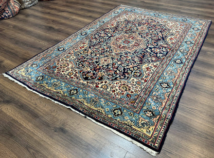 Persian Qum Rug 5x7 in Navy Light Blue and Ivory, Wool wilh Silk Highlights, 225 KPSI - Nuvé