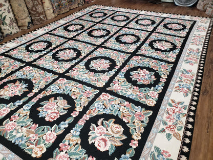Floral Needlepoint Rug 9.5 x 13.6, Floral Panel Design, Black and Ivory Flatweave Aubusson Carpet, Multicolor - Nuvé