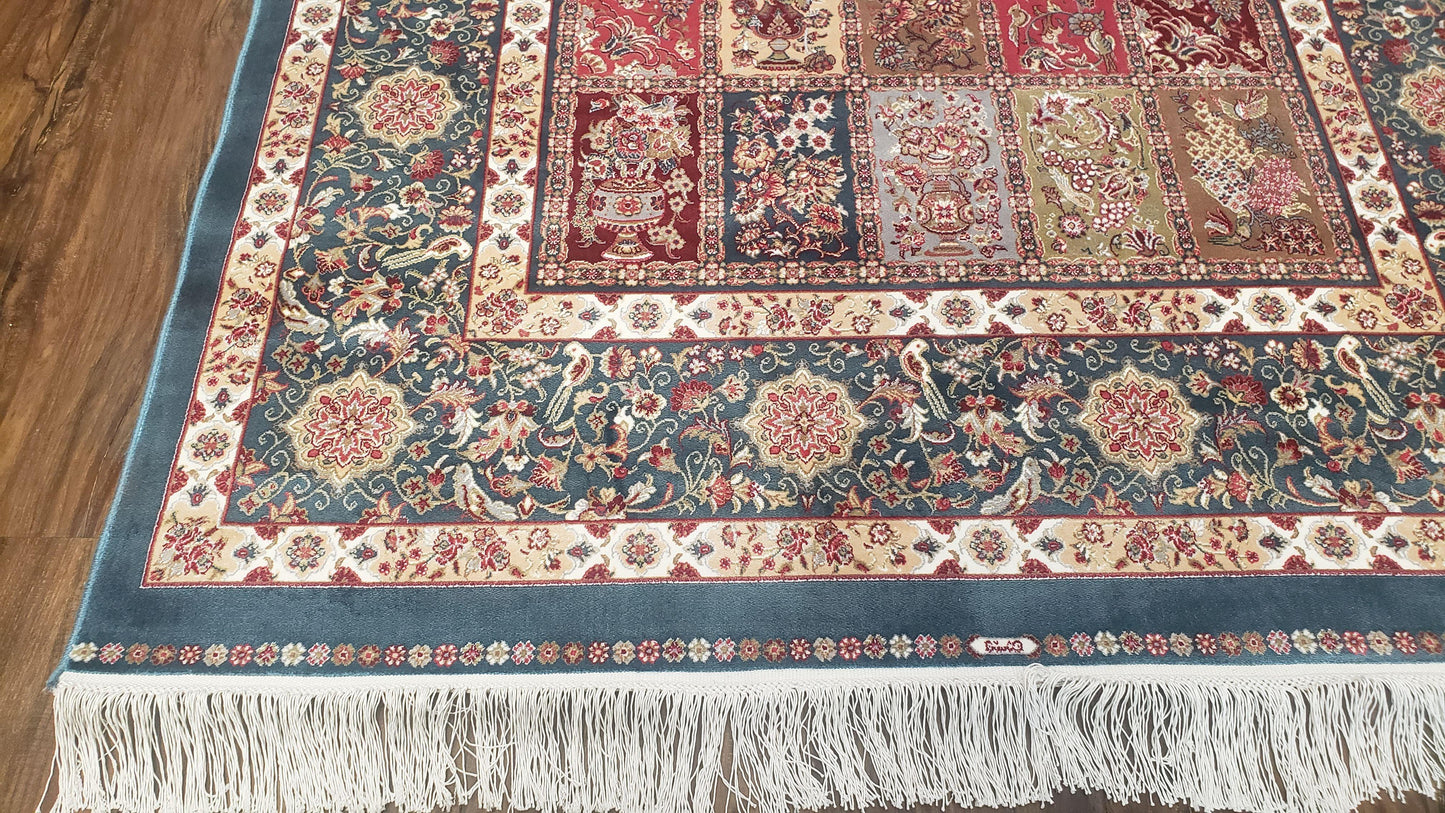 Silk Carpet 4x6 Blue, Panel Design, Four Seasons Pattern, Super Fine & Soft, Bamboo Silk, 4 x 6 Oriental Area Rug, High Quality, New Rug - Nuvé
