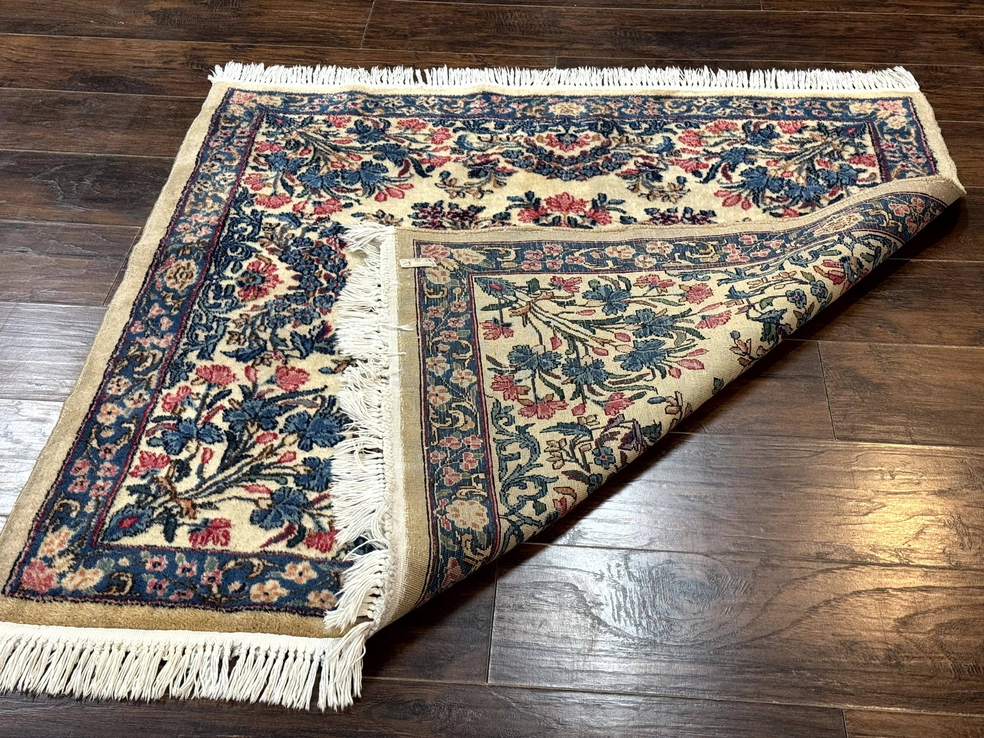 Square Persian Kerman Rug 4x4, Ivory Blue Pink, Handmade, Fine 225 KPSI - Nuvé