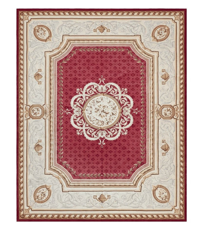 Aubusson Rug 9x12 ft, Red and Ivory Elegant Aubusson Carpet, Flatweave, Vintage Wool Handmade Area Rug 9 x 12, French European Design