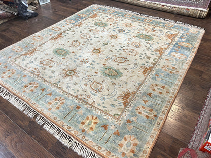 Turkish Oushak Rug 9x10, Farmhouse Rug, Beige & Light Blue - Nuvé