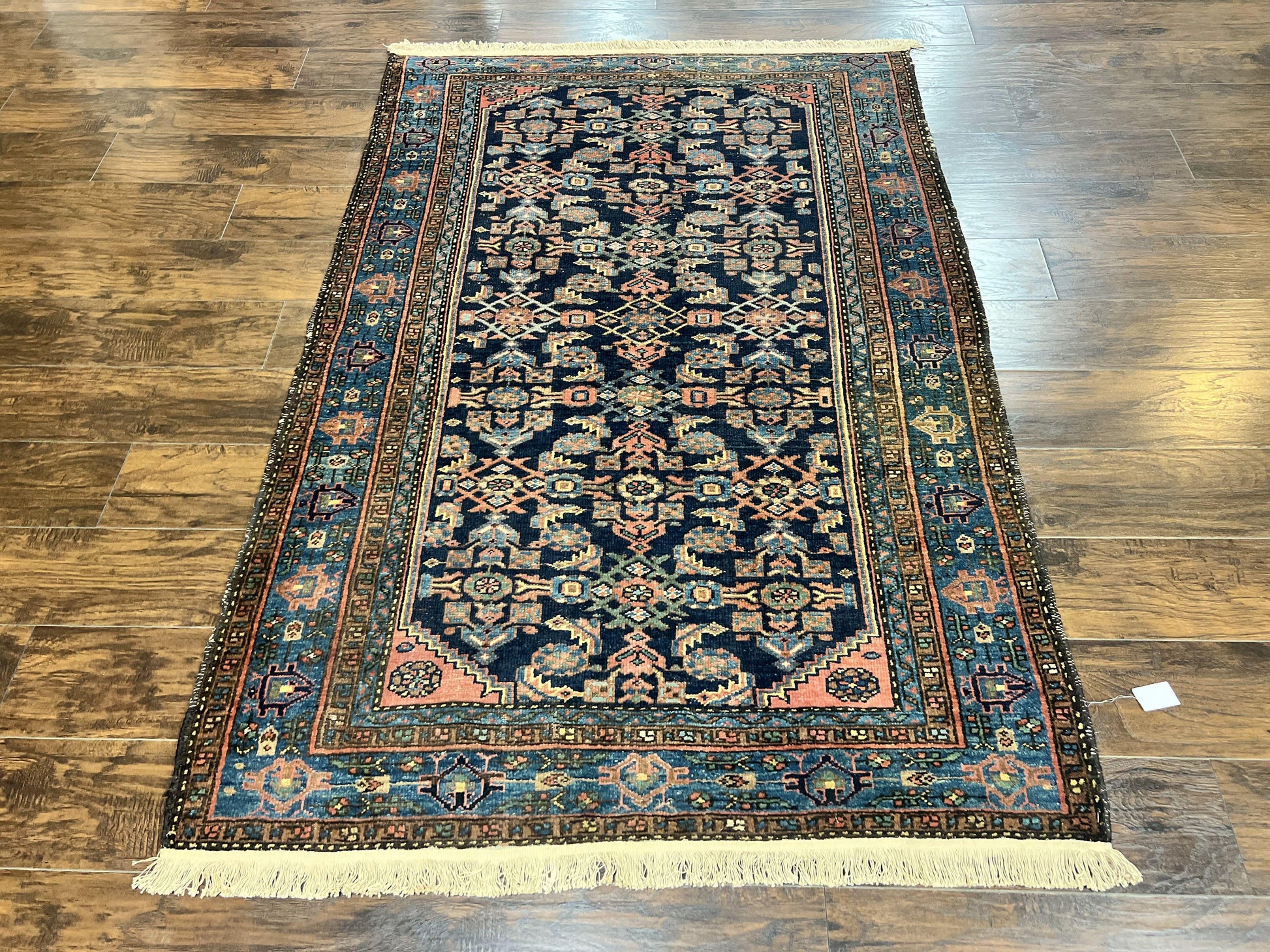 Antique Persian Tribal Rug 5x7, Navy Blue & Pink, Hand Knotted Handmade 1920s Wool Rug, Allover Pattern, Persian Hamadan Rug - Nuvé