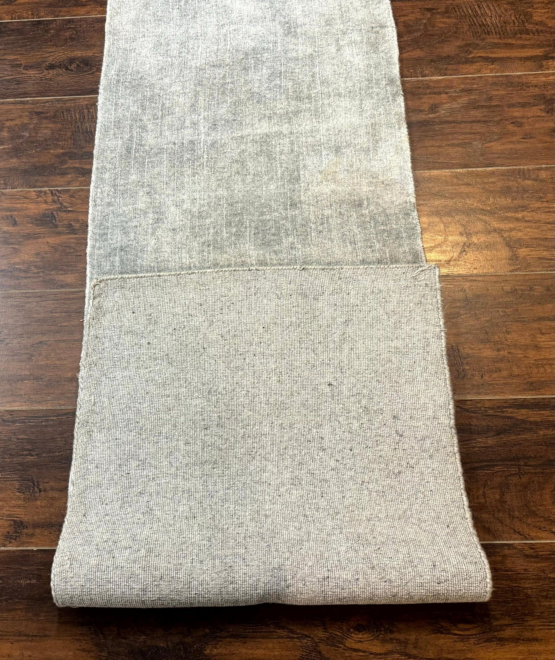 Modern Tibetan Runner Rug 1.9 x 8.6, Wool and Silk Highlights, Gray/Silver, Narrow Runner for Hallway or Kitchen - Nuvé