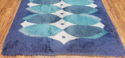 Blue Rya Rug, 1960s Mid-Century Danish Shag Rug 4'6" x 6'7", Ege Rya Modern Carpet, Cyan DeLuxe Rya Shag Rug, Vintage Area Rug 4x6, 5x7 Rug - Nuvé