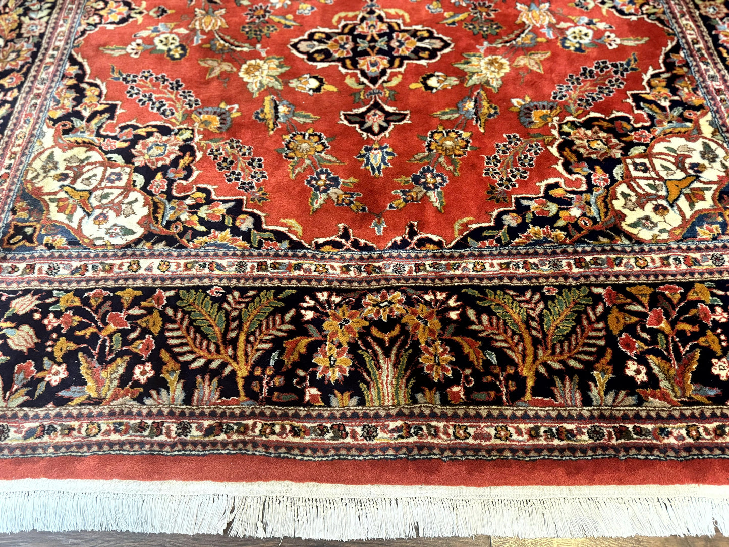 Indo Persian Rug 7x10, Vintage Handmade Wool Carpet, Floral Medallion Traditional Rug, Red and Midnight Blue - Nuvé