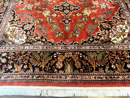 Indo Persian Rug 7x10, Vintage Handmade Wool Carpet, Floral Medallion Traditional Rug, Red and Midnight Blue - Nuvé