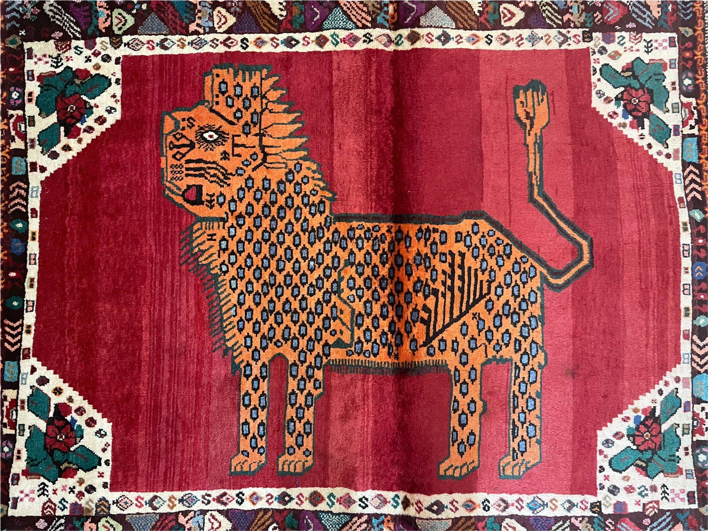 Antique Persian Gabbeh Wool Rug 4x5, Lion Pictorial Rug, Red Orange Black, Hand Knotted Handmade Vintage Gabbeh Carpet 4 x 5 ft, Tribal Rug - Nuvé