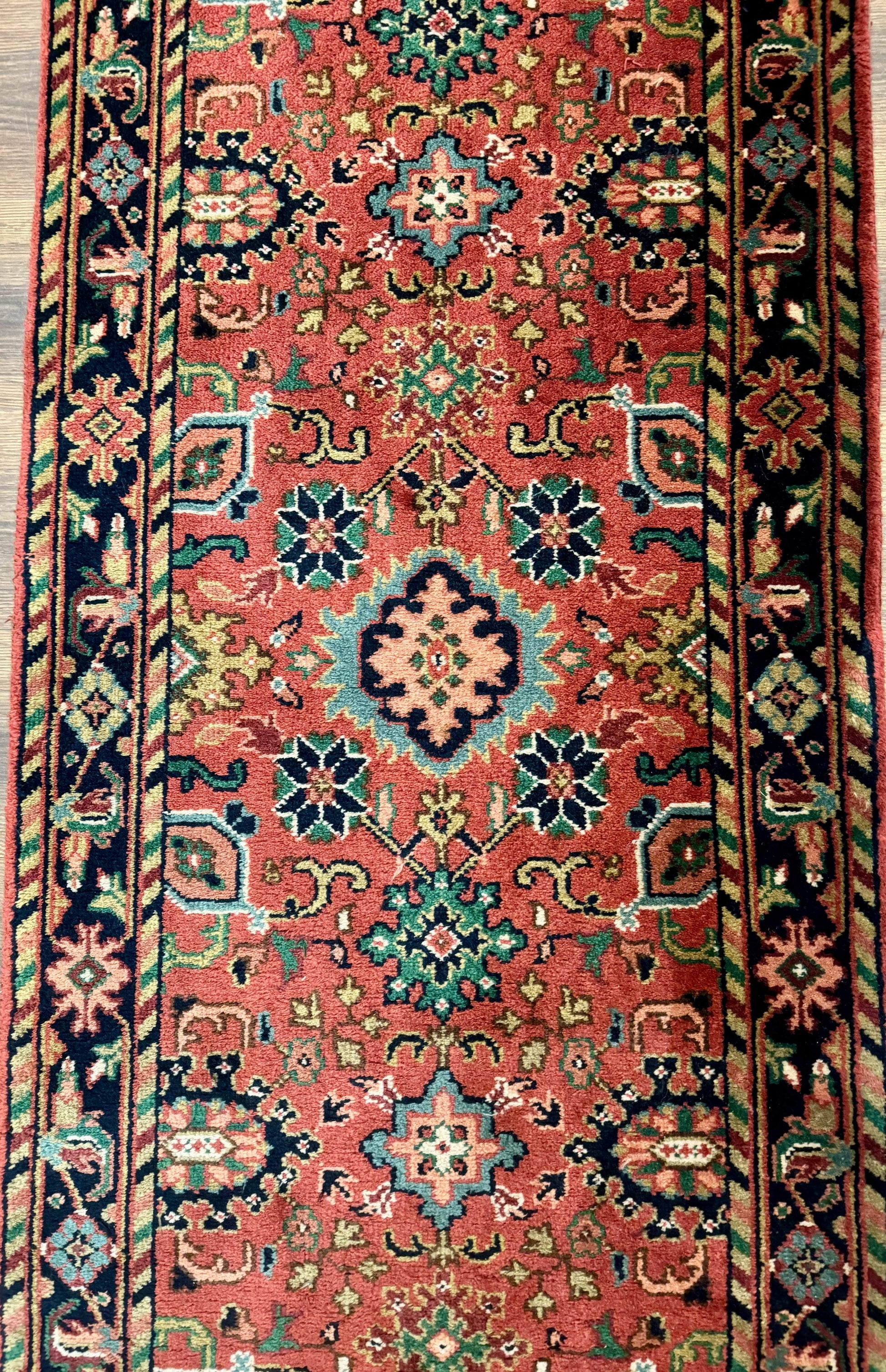 Indo Persian Heriz Runner Rug 2 x 12 ft, Hand Knotted Wool Hallway Rug, Red & Black - Nuvé