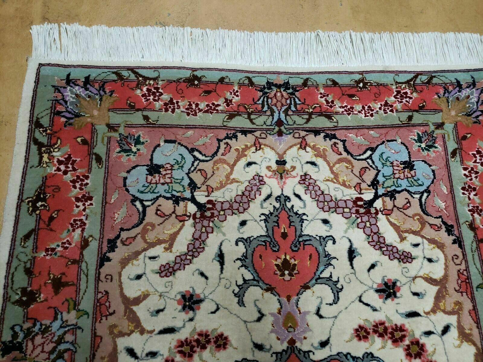 Small Vintage Persian Tabriz Wool and Silk Rug 2.5 x 4 ft, Very Finely Hand Knotted, Medallion, Ivory Salmon Light Blue, Top Quality, Pair B - Nuvé