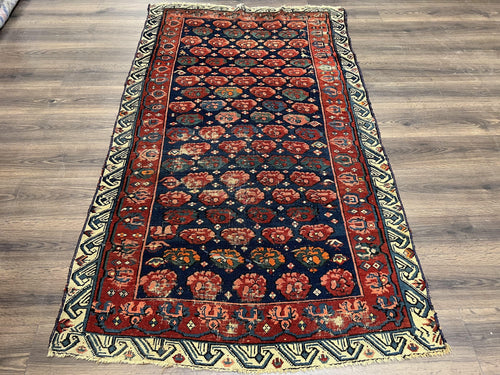 Antique Seychour Rug 4x7, Collectible Kuba Caucasian Carpet, Wool Handmade, Red Navy Blue Cream, Repeated Allover Motif, Early 20th Century - Nuvé