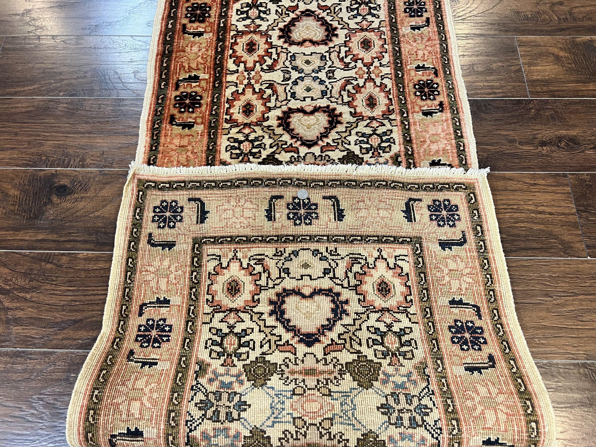 Romanian Runner Rug 2.6 x 12.9, Wool Handmade Hand Knotted Skinny Runner for Hallway, Floral Allover, Vintage Tan Runner - Nuvé