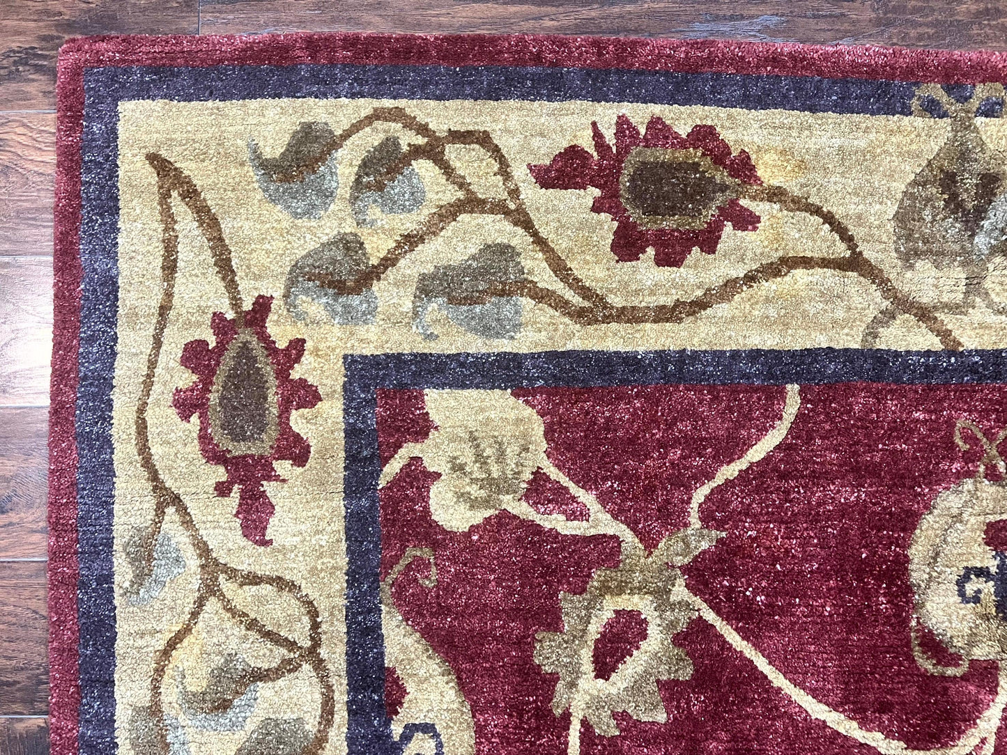 Tibetan Aubusson Rug 8x10, Maroon and Beige, Floral, Handmade, Wool, Vintage, Traditional Rug - Nuvé