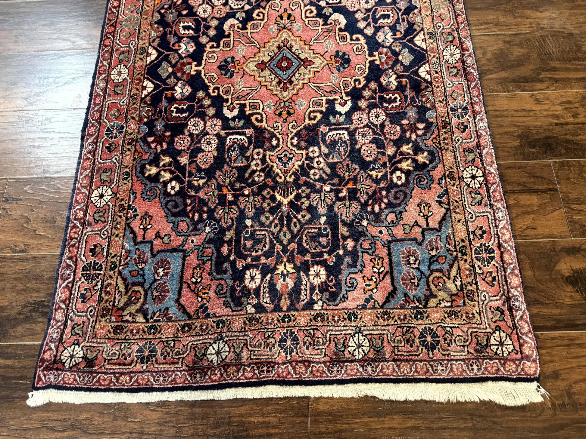 Persian Rug 3x5, Jozan Sarouk Rug, Navy Blue and Coral, Medallion Rug, Semi Antique - Nuvé