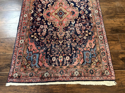 Persian Rug 3x5, Jozan Sarouk Rug, Navy Blue and Coral, Medallion Rug, Semi Antique - Nuvé
