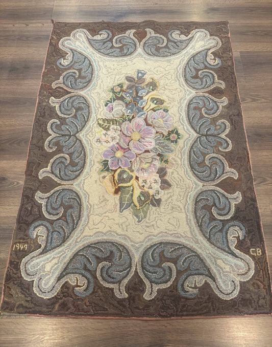 Antique American Hooked Rug 3 x 4.6, Vintage, Floral - Nuvé