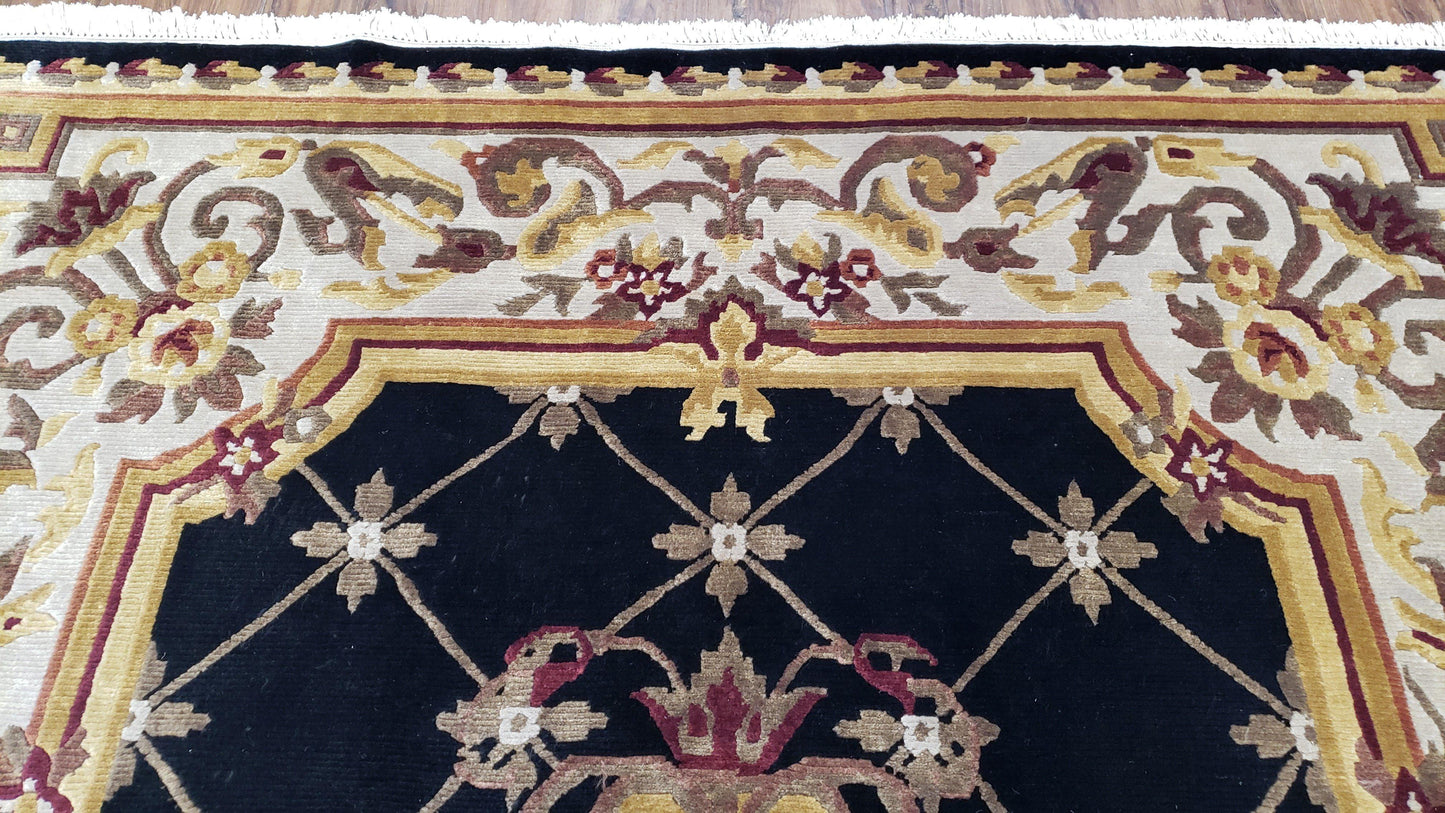 6x9 Nepalese Rug, Aubusson Savonnerie Area Rug 6 x 9 with Soft Pile, Hand-Knotted Wool Black & Beige Tibetan New Carpet European Design - Nuvé