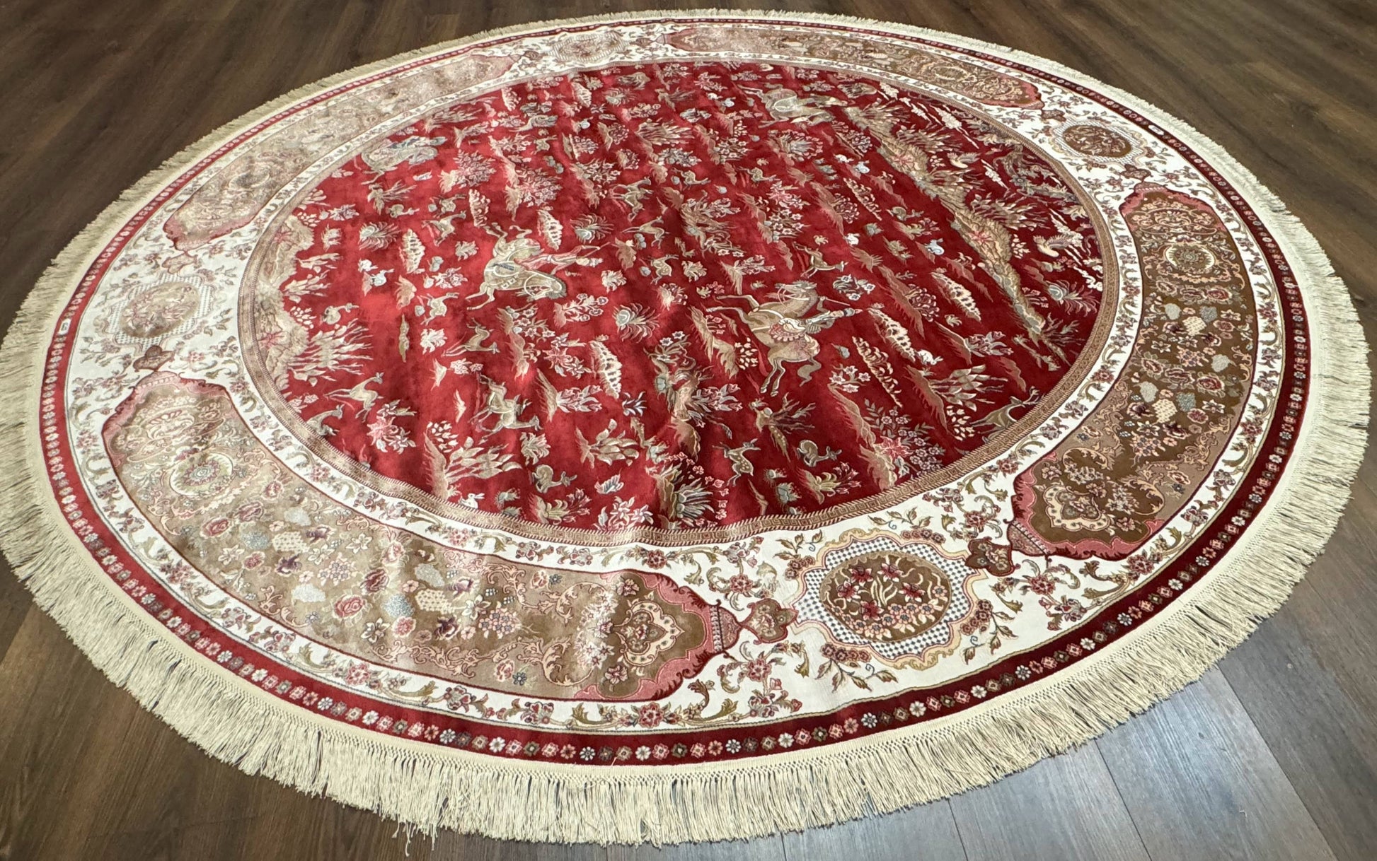 Large Round Turkish Silk Rug 8x8, Hunting Design, Dark Red & Ivory, Bamboo Silk - Nuvé