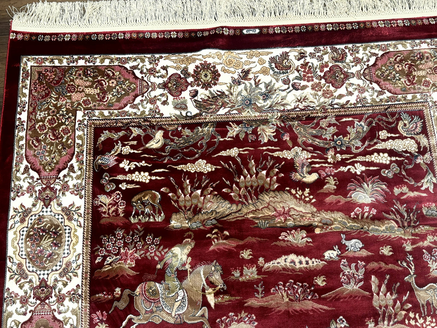 Turkish Silk Hunting Design Rug 4x6, Dark Red & Ivory, Bamboo Silk, New - Nuvé