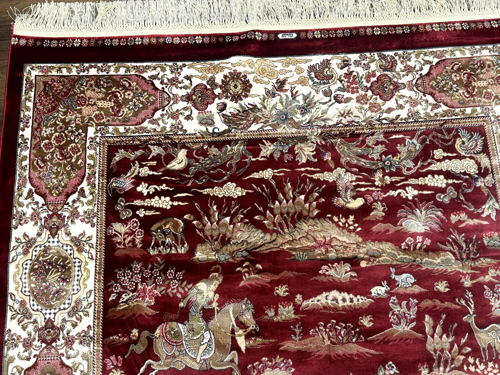 Turkish Silk Hunting Design Rug 4x6, Dark Red & Ivory, Bamboo Silk, New - Nuvé