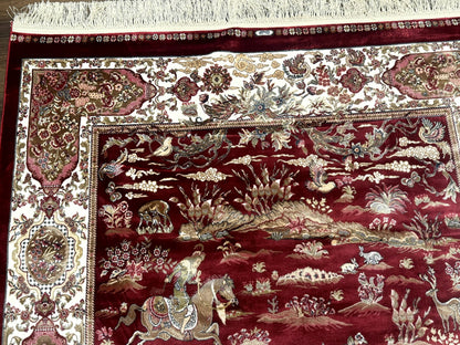 Turkish Silk Hunting Design Rug 4x6, Dark Red & Ivory, Bamboo Silk, New - Nuvé