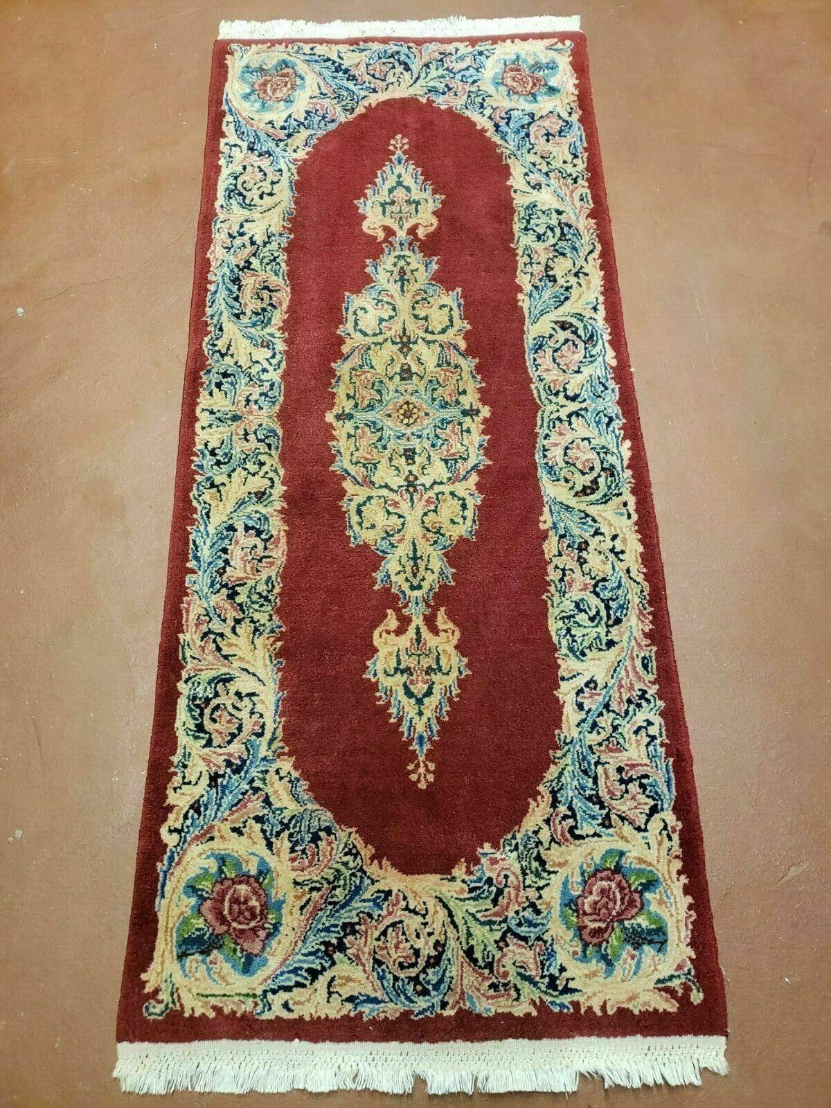 Small Persian Kirman Rug 2x4, Wool Oriental Vintage Handmade Carpet, Hand Knotted Floral Medallion, Red & Beige, Semi Open Field - Nuvé